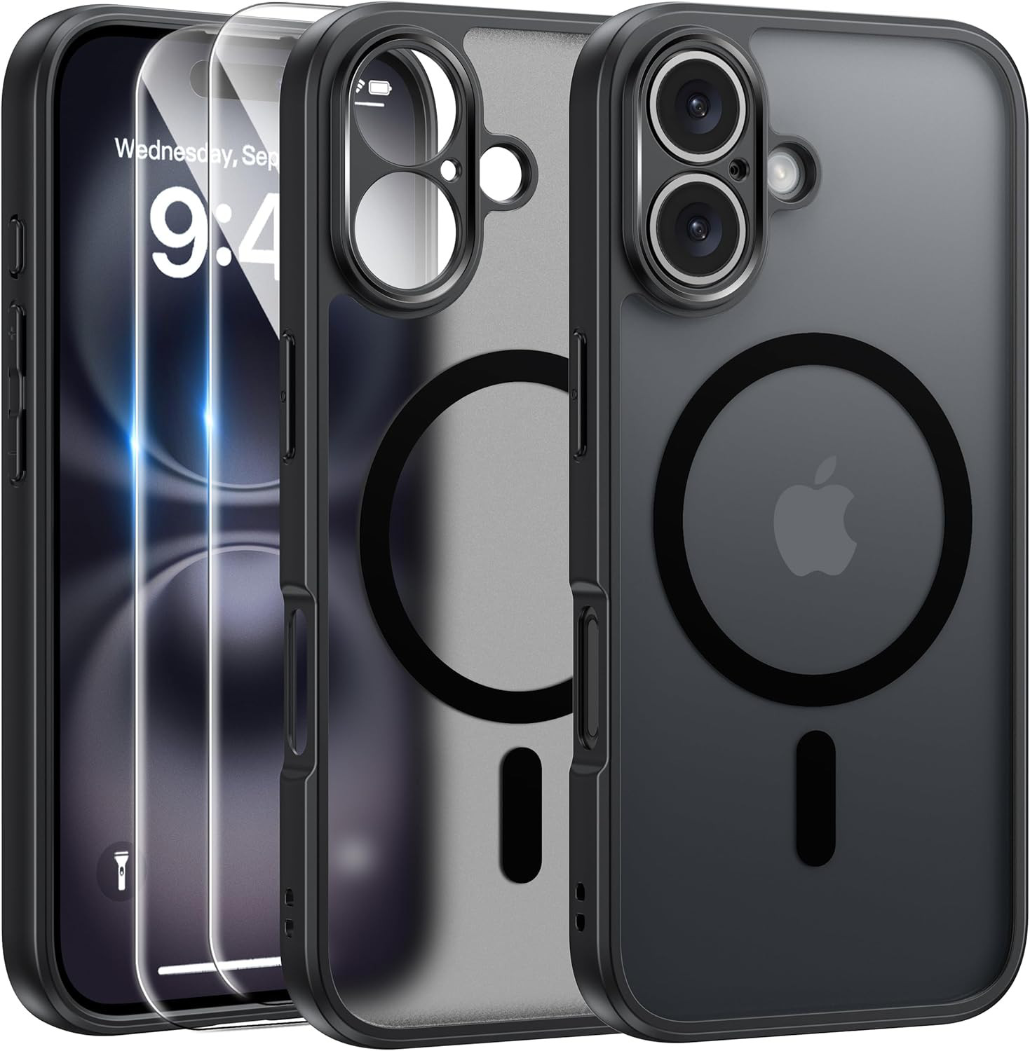 Schwarze, Matte Magsafe-schutzhülle Für Apple Iphone 16 Plus + 2x Glas