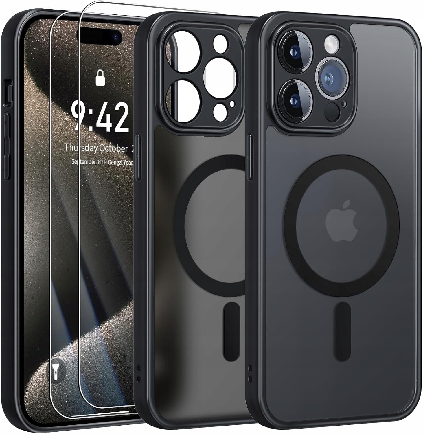 Schwarze, Matte Magsafe-schutzhülle Für Apple Iphone 16 Pro Max + 2x Glas