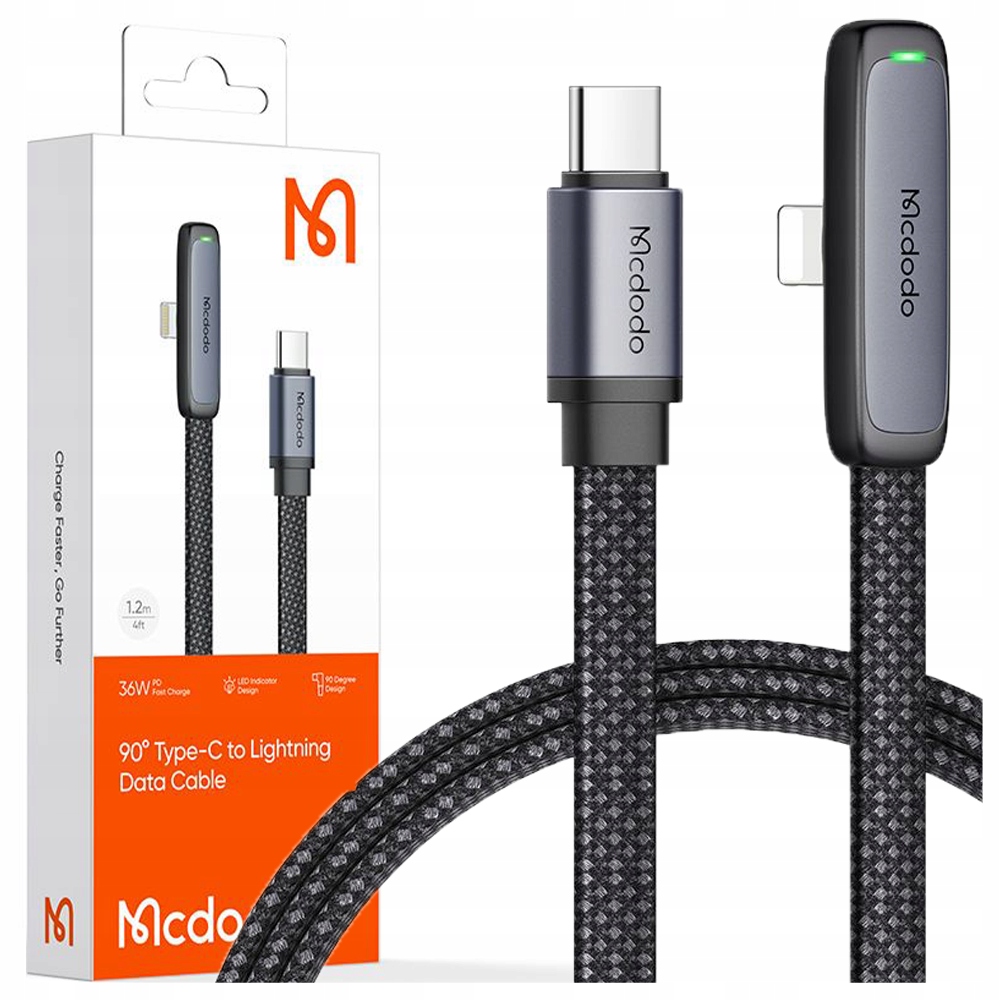 Mcdodo Abgewinkeltes Usb-c Lightning-kabel, Flach, 36 W, Für Iphone 12, 13, 14, Schwarz, 2 M