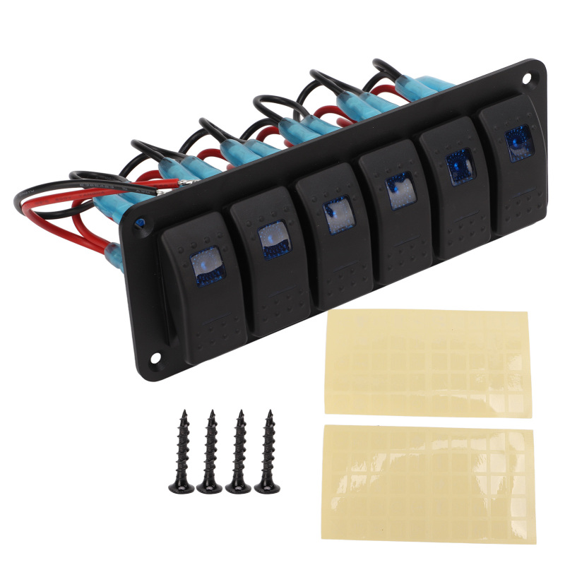 6-stufiges Wippschalterfeld Mit Überstromschutz, Blauer Led-hintergrundbeleuchtung, Schutzart Ip65 (wasserdicht) Für 12-24v Fahrzeuge, Boote, Suvs Und Lkws