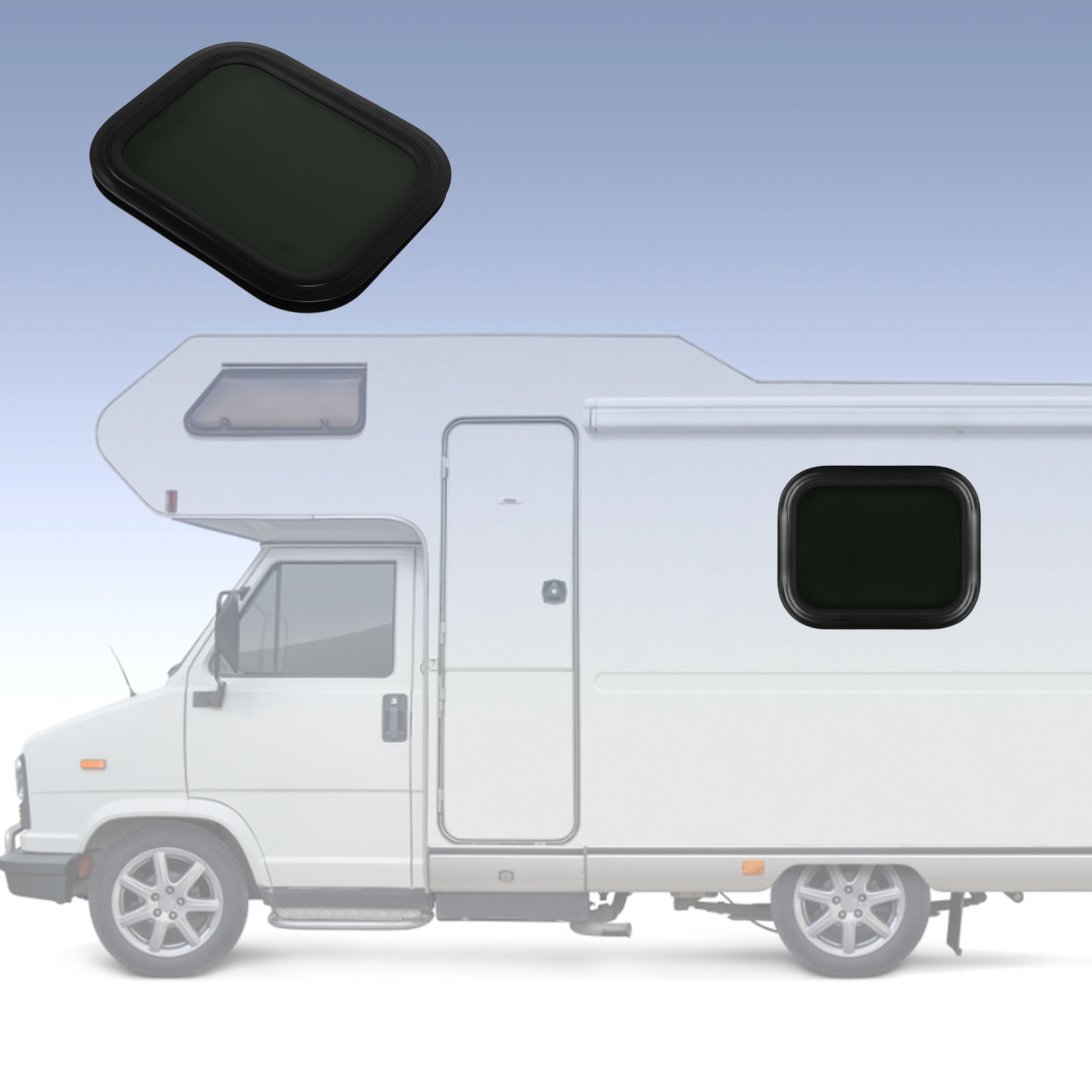 Feststehendes Wohnmobilfenster (schwarze Aluminiumlegierung, Abgerundete Ecken, Befestigungsring) 500 X 350 Mm, Wandstärke 48–53 Mm