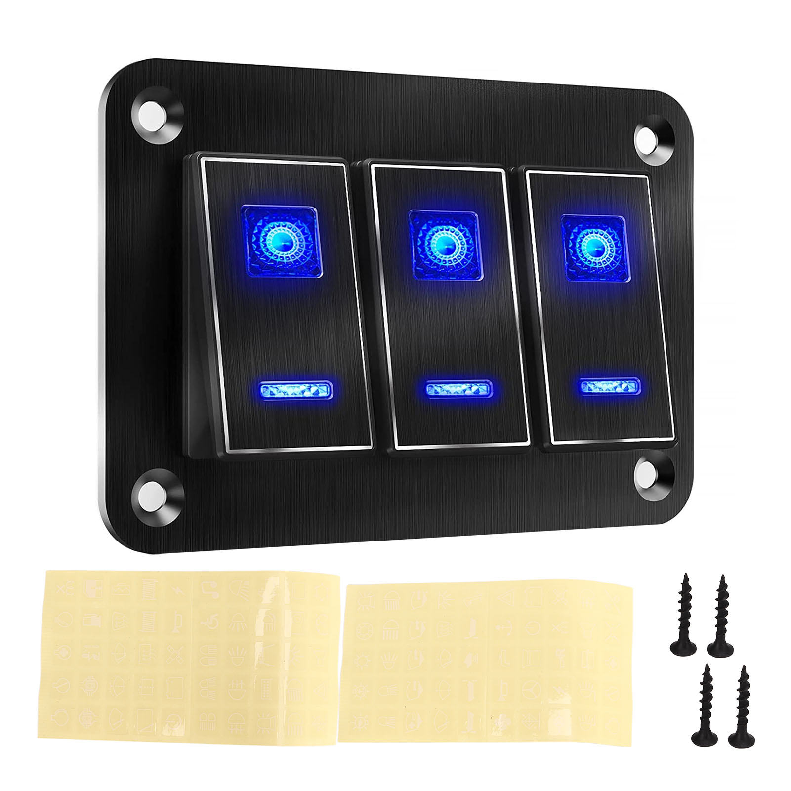3-fach-schalttafel Mit Wasserdichten 5-poligen Kippschaltern (dc 12 V Bis 24 V, 30 A), Blauer Led-anzeige Und Flexiblen Polycarbonat-schlaufen Für Wohnmobile, Autos Oder Yachten