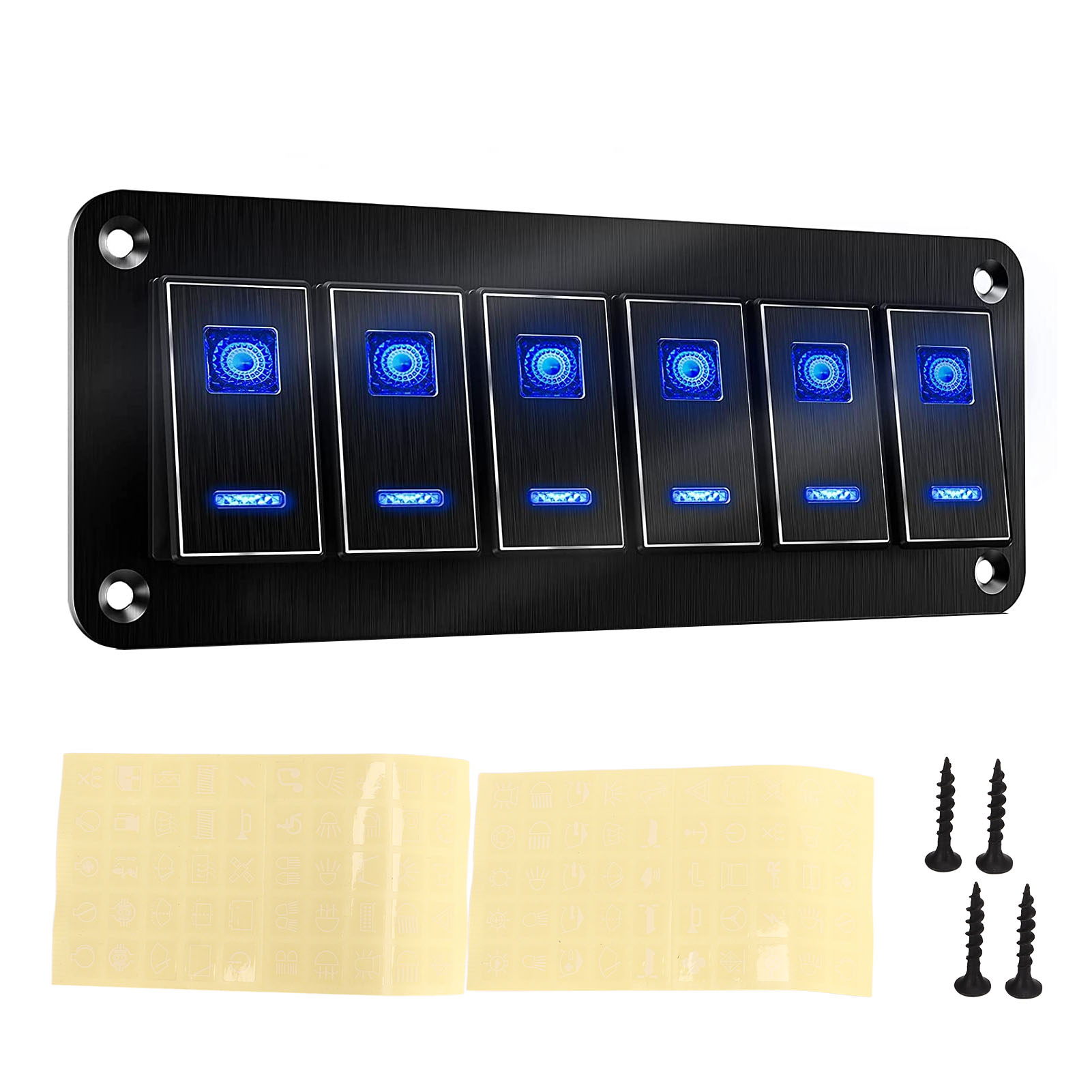Wasserdichtes 6-tasten-wippschalterfeld Mit Blauer Hintergrundbeleuchtung, Aus Schwarz Eloxierter Aluminiumlegierung, Für Auto, Lkw, Wohnmobil, Boot, 12–24 V Gleichstrom