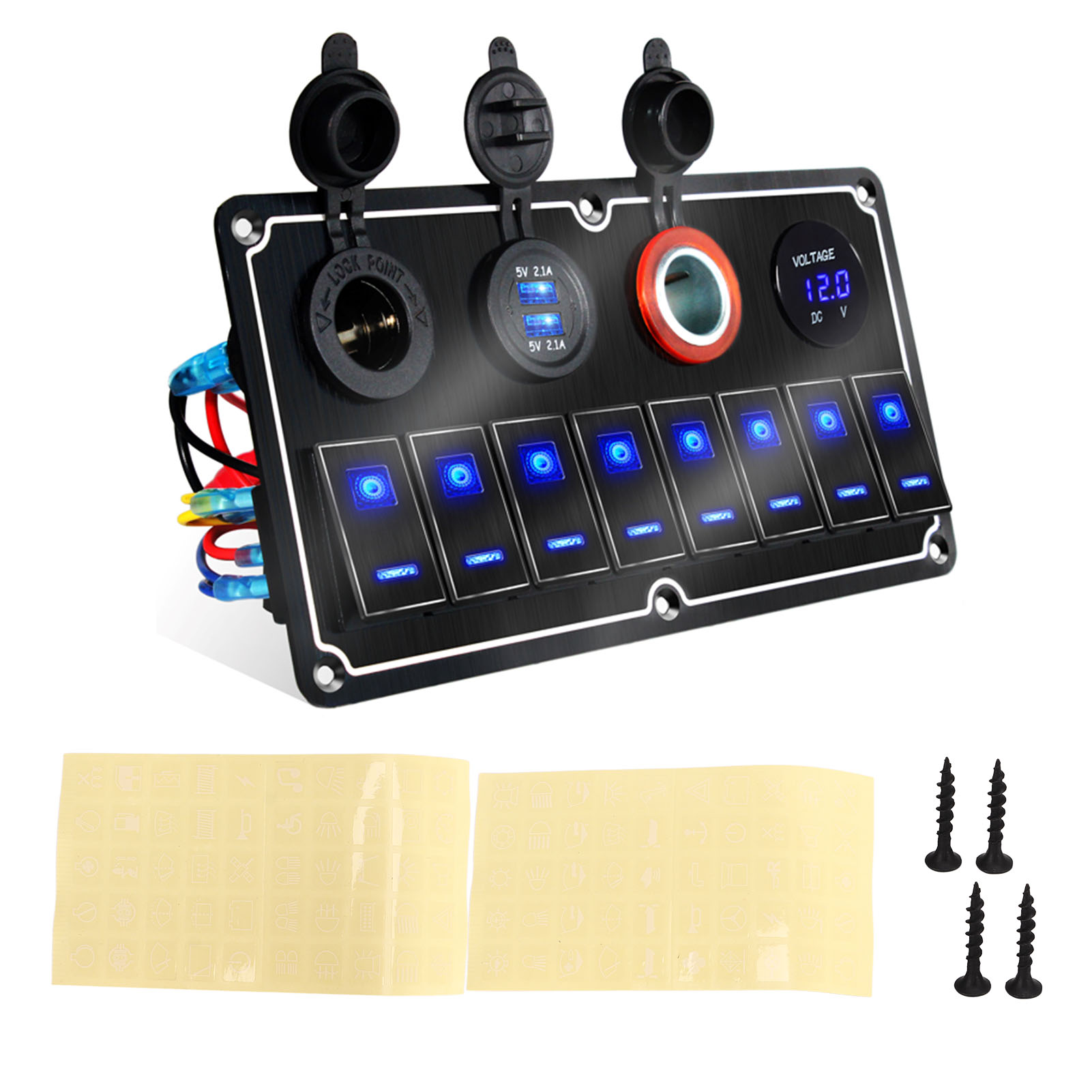 8-tasten-wippschalter, 12–24 V, 2 Blaue Leds, Selbstklebende Montage, 5 Pins, Wasserdicht, Für Autos, Wohnmobile, Yachten Und Boote