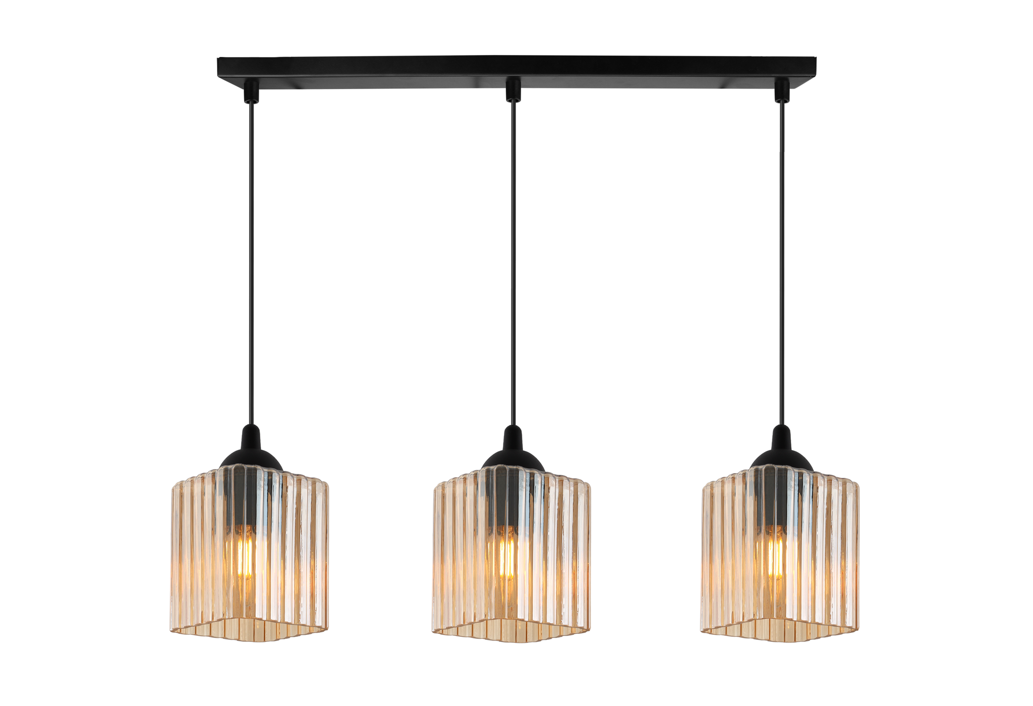 Riffle Pendelleuchte, Schwarz, 3-flammig, Honigfarbener Würfel, E27