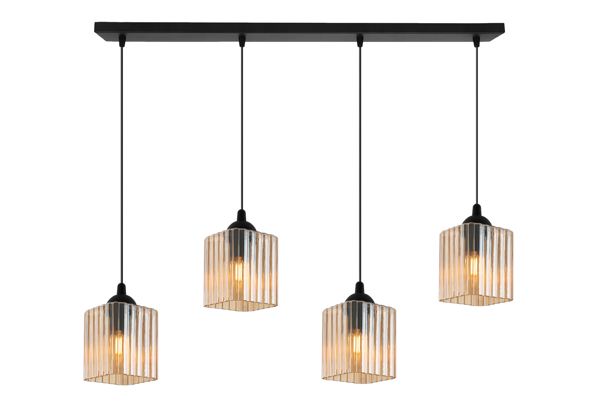 Riffle Pendelleuchte, Schwarz, 4-flammig, Honigfarbener Würfel, E27