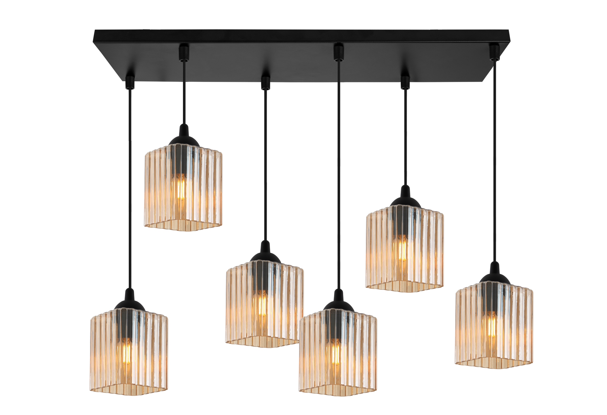 Riffle Pendelleuchte, Schwarz, 6-flammig, Honigfarbener Würfel, E27
