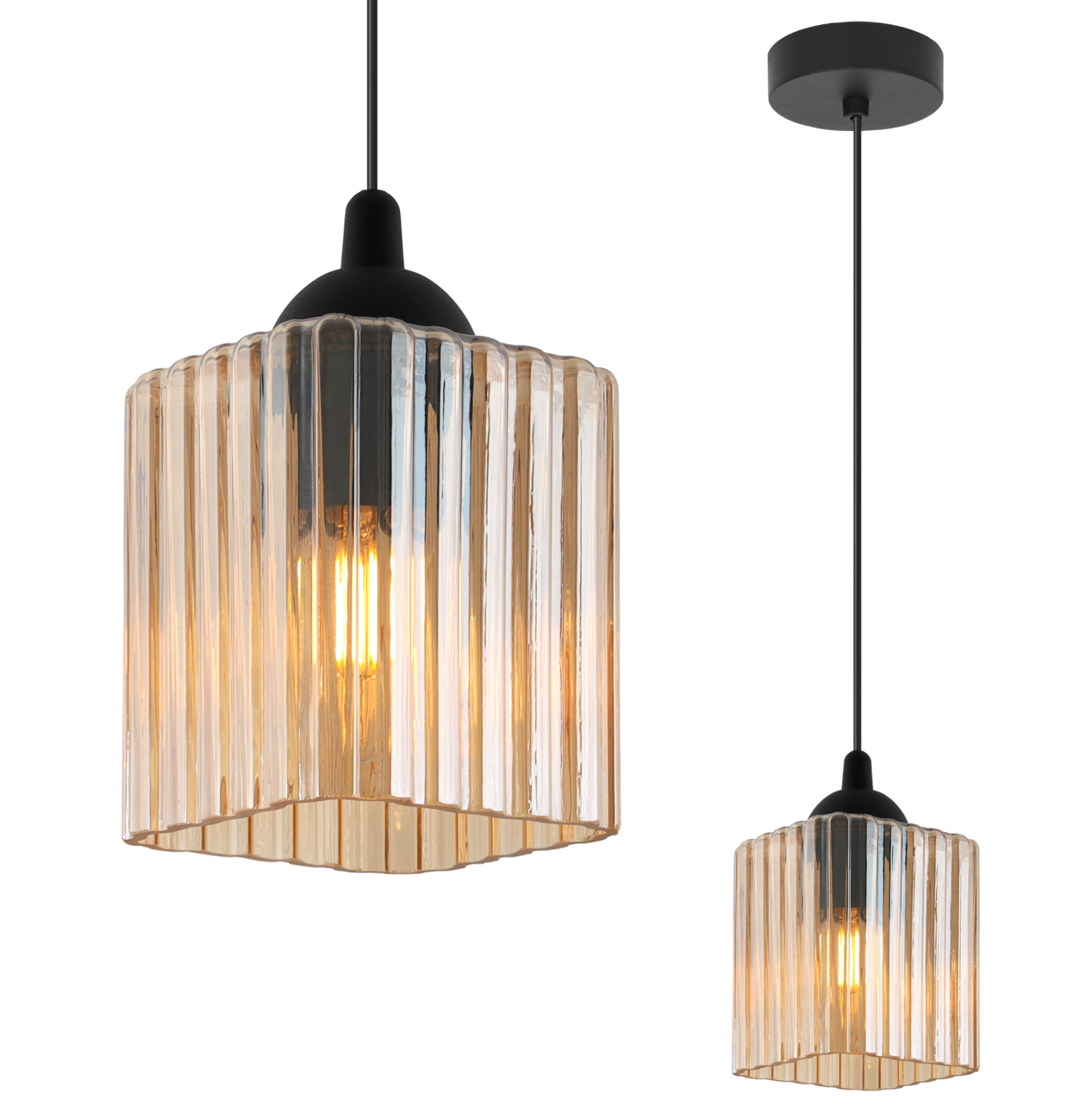 Riffle Pendelleuchte, Schwarz, Einteilig, Honigfarbener Würfel, E27