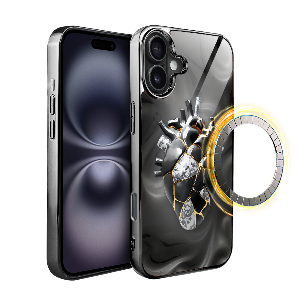 Iphone 16 Ibizu Elite Glashülle, Kintsugi-kunst, Porzellanherz, Schwarz