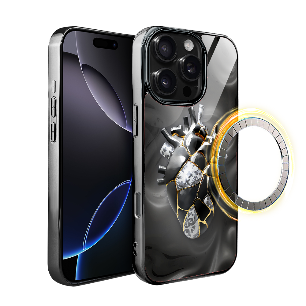 Iphone 16 Pro Ibizu Elite Glashülle Mit Magsafe, Kintsugi Art, Porzellanherz, Schwarz