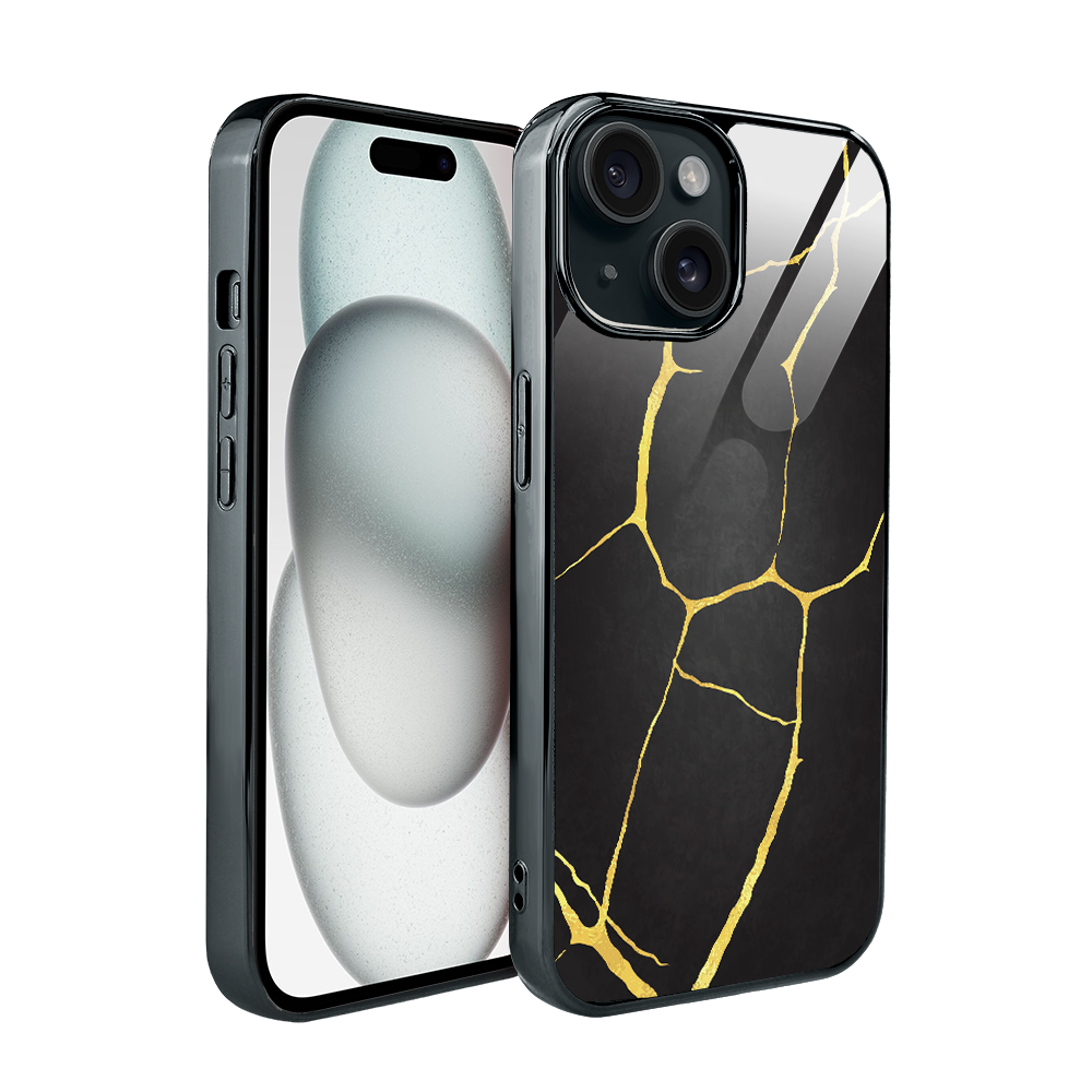 Iphone 15 Ibizu Elite Glashülle, Glasrückseite, Kintsugi, Schwarzes Porzellan, Schwarz