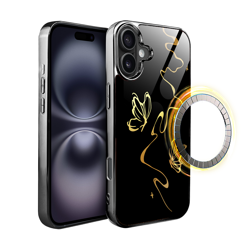 Iphone 16 Plus Ibizu Elite Glashülle Mit Magsafe, Glasrückseite, Golden Midnight, Schmetterlingseffekt, Schwarz