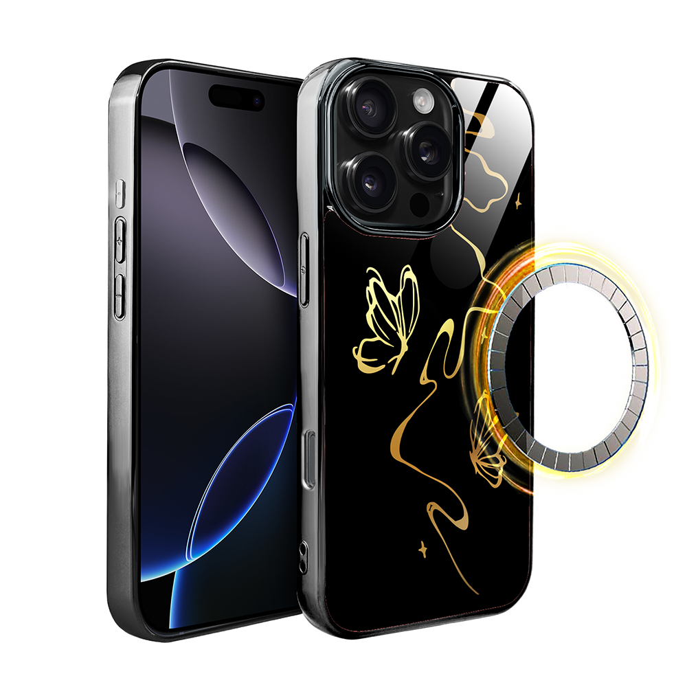 Iphone 16 Pro Ibizu Elite Glashülle Mit Magsafe, Glasrückseite, Golden Midnight, Schmetterlingseffekt, Schwarz