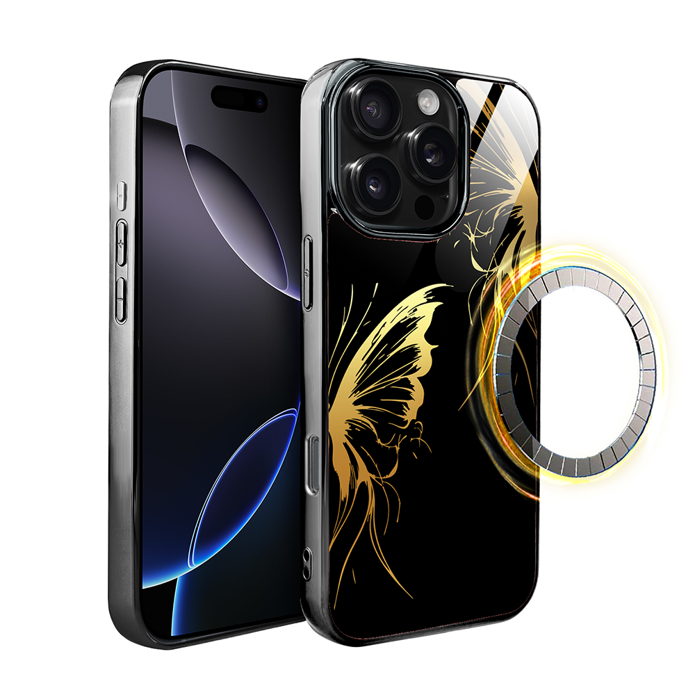Iphone 16 Pro Max Ibizu Elite Glashülle Mit Magsafe, Glasrückseite, Golden Midnight, Schmetterlingsflügel, Schwarz