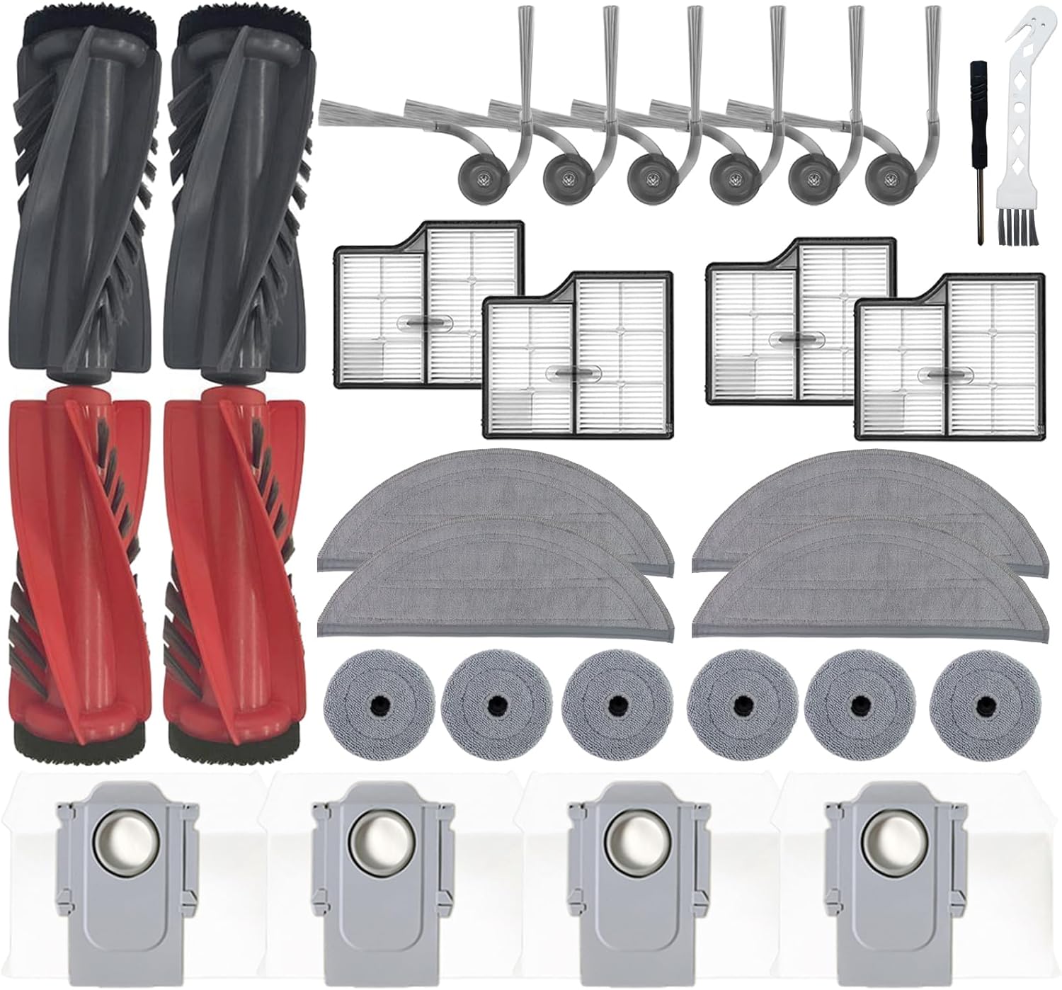 Kit De 30 Pièces De Rechange Pour L'Aspirateur Roborock Saros 10/g30 : 2 Brosses Principales Doubles, 6 Brosses Latérales, 4 Filtres Hepa, 4 Lingettes De Nettoyage Rondes, 4 Sacs À Poussière, 1 Brosse
