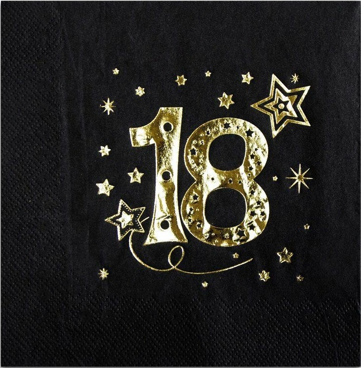Servietten Zum 18. Geburtstag, Schwarz/gold, 33x33cm, 20 Stück.