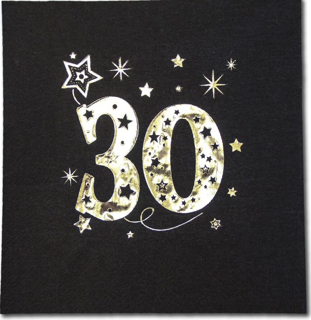 Servietten Zum 30. Geburtstag, Schwarz/gold, 33x33cm, 20 Stück.
