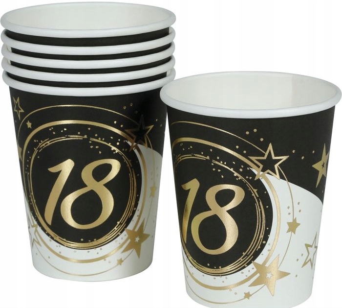 Pappbecher Zum 18. Geburtstag, Gold/schwarz, Party, 240 Ml, 6 Stück.