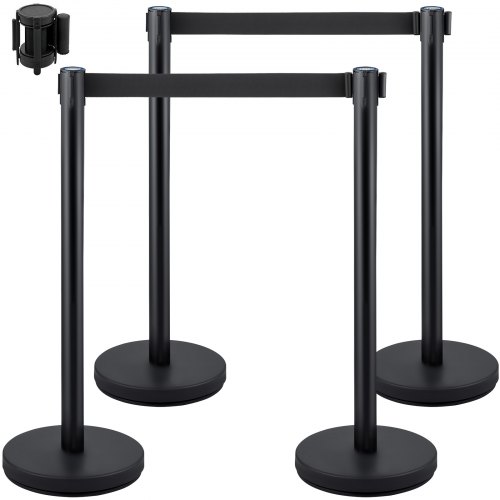Personenleitsystem 4 Ständer, 90 Cm Gesamthöhe Vip Absperrung Mit Vierwegadapter, Abgrenzungsständer, Absperrständer Mit 2 M Länge Gürtel Für Airport Flughafen, Ständer Stahl Und Eisen, Schwarz