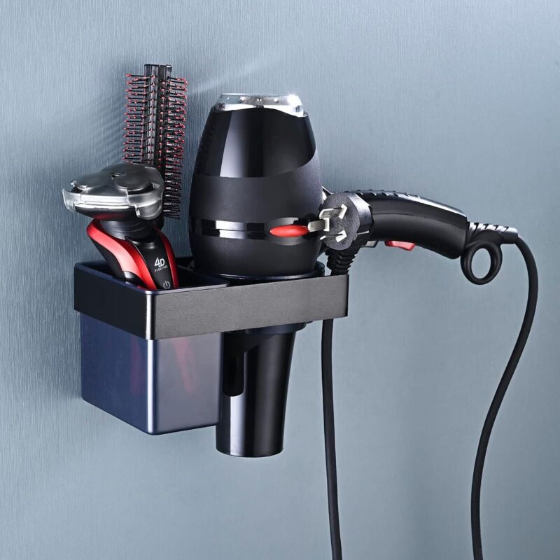 Klebehalterung Für Haartrockner Zur Wandmontage, Aluminiumhalterung Mit Aufbewahrung Und Kabel Für Das Badezimmer (schwarz)