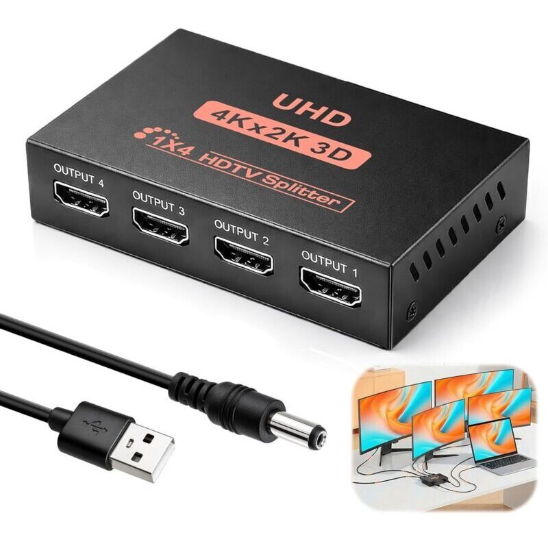 Splitter Mit 1 Eingang Und 4 Ausgängen, 4k-splitter Mit 4 Anschlüssen, 3d 1080p-bildschirmspiegelung, Kompatibel Mit Pc, Laptop, Hdtv, Projektor, Dvd-player, Projektorbox, Ps4, Ps3, Blu-ray Und Set-to