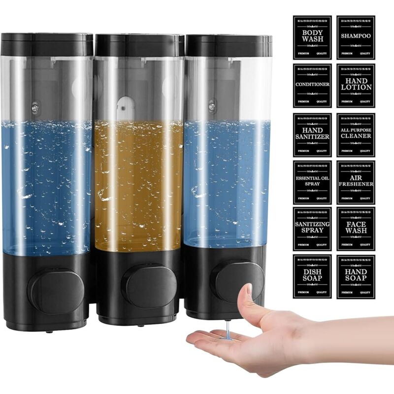 Wandmontierter Seifenspender Mit 3 Fächern, 300 Ml, Kein Bohren Erforderlich, Spender Für Duschgel Und Shampoo, Schwarz