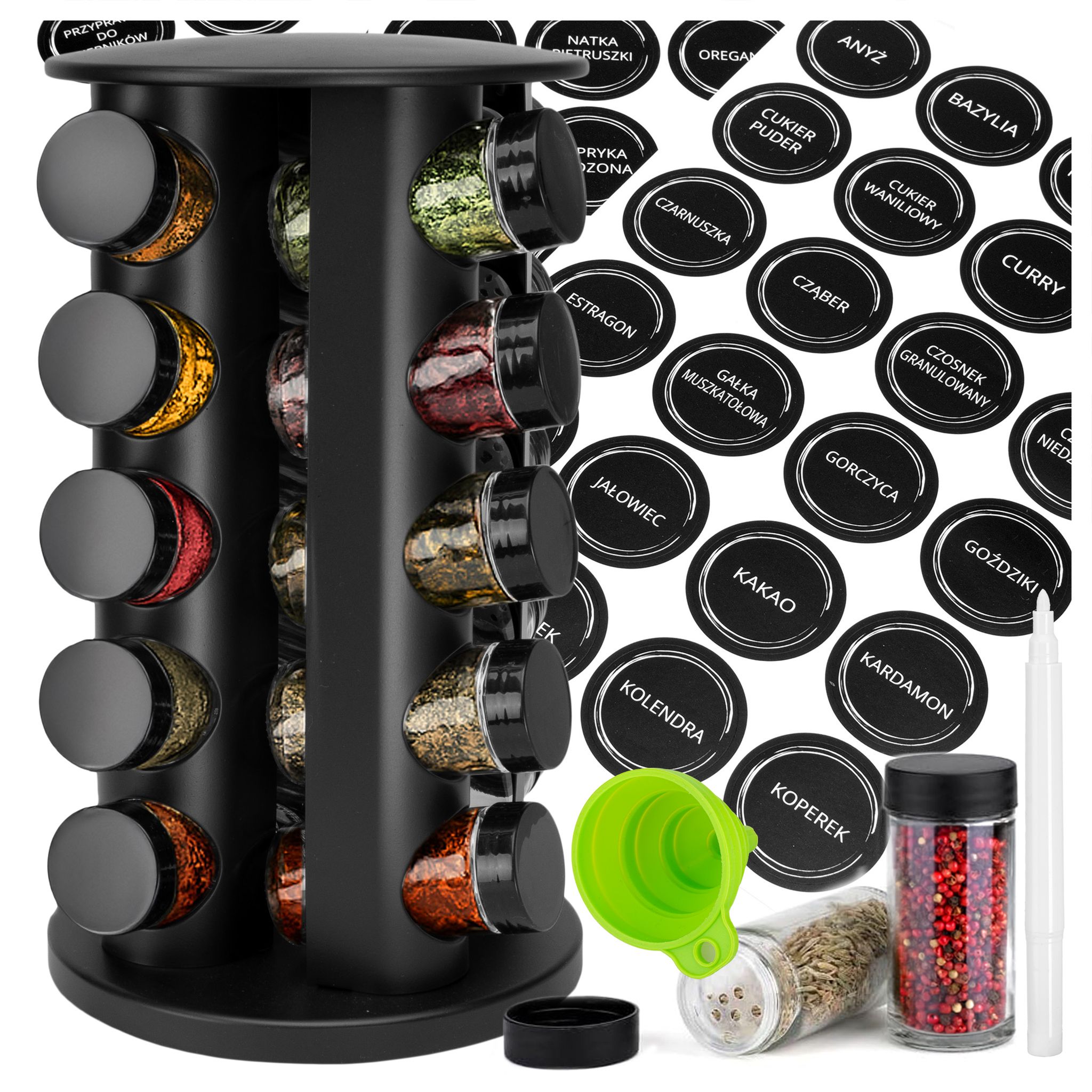 Drehbarer Gewürzständer Rotor Black, 20 Gläser + 72 Aufkleber
