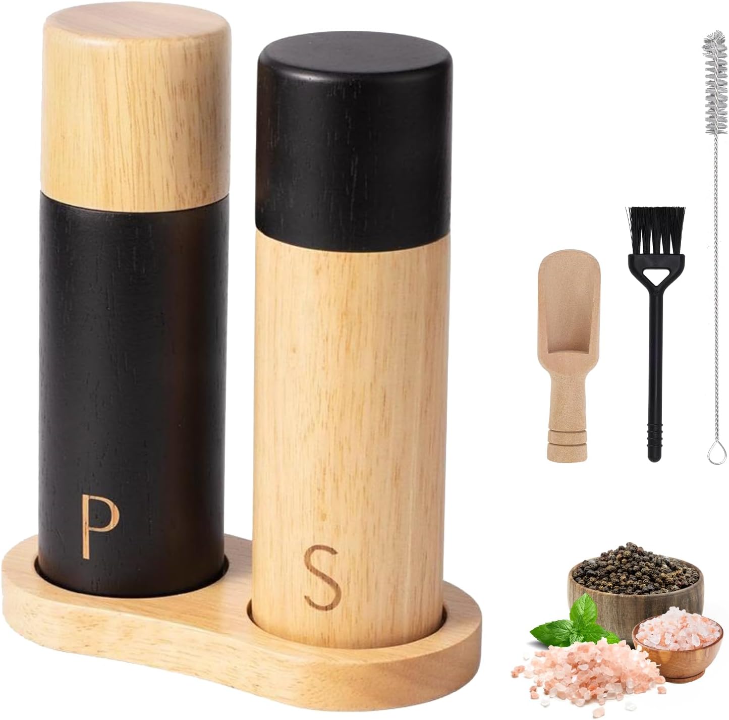 Salz- Und Pfeffermühle Aus Holz Mit Ablage, 7 Zoll Manuelle Salz- Und Pfefferstreuer (2 Stück), Einstellbare Grobe Und Feine Körnung, Keramikrotor, Für Chili, Pfeffer, Salz (schwarzes Holz)