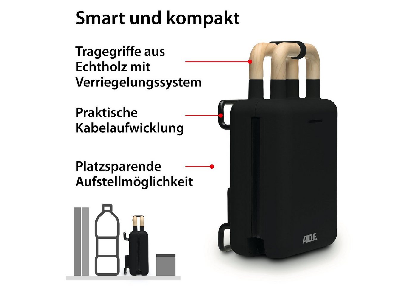 Ade Kitchen Waffeleisen, 14 × 22,5 × 9,5 Cm, Schwarz