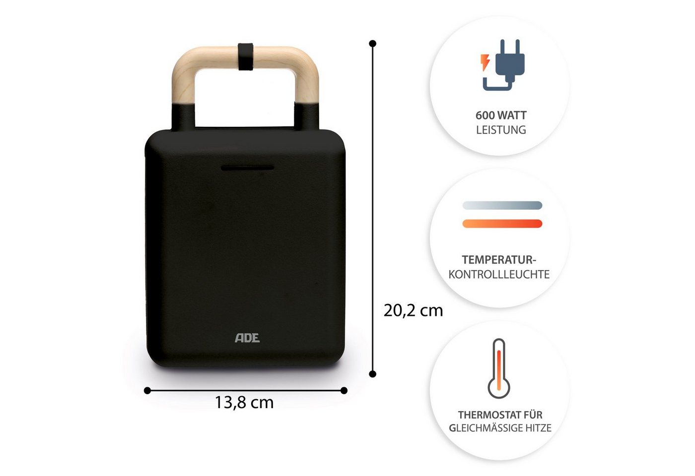 Ade Kitchen Waffeleisen, 14 × 22,5 × 9,5 Cm, Schwarz Bild 4