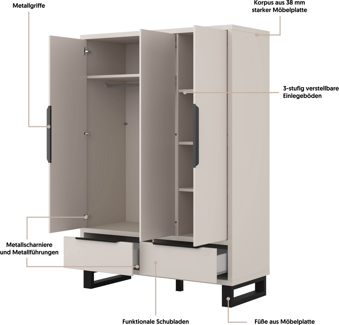 Schrank Eden Mit 2 Schubladen Und 3 Türen, Kaschmir, 210.3cm Bild 2