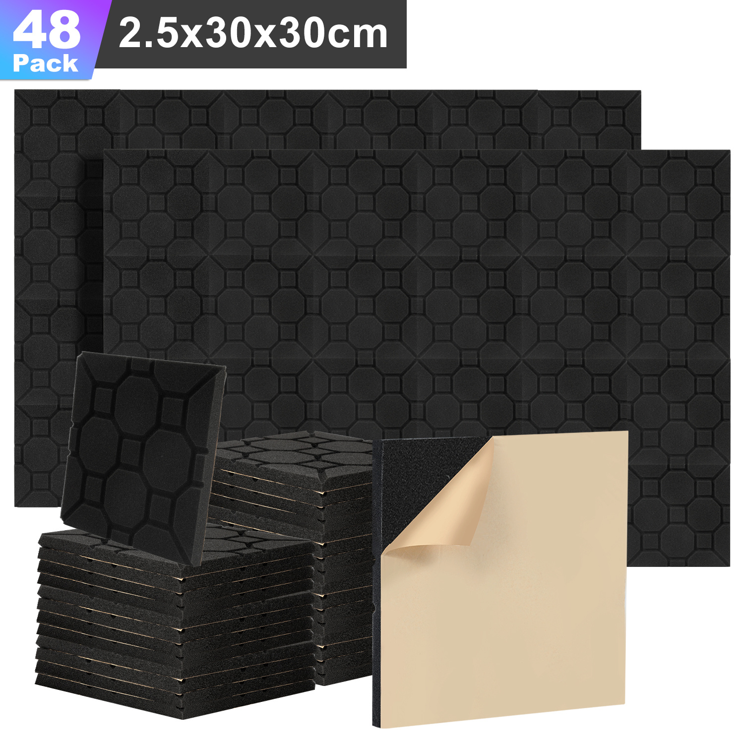 Randaco 48 Stück Akustikschaumstoff Akustikschaum Matten 30 X 30 X 2.5cm Schalldämmmatten Zur Effektiven Schaumstoff Fliesen Würfelprofil Schwarz