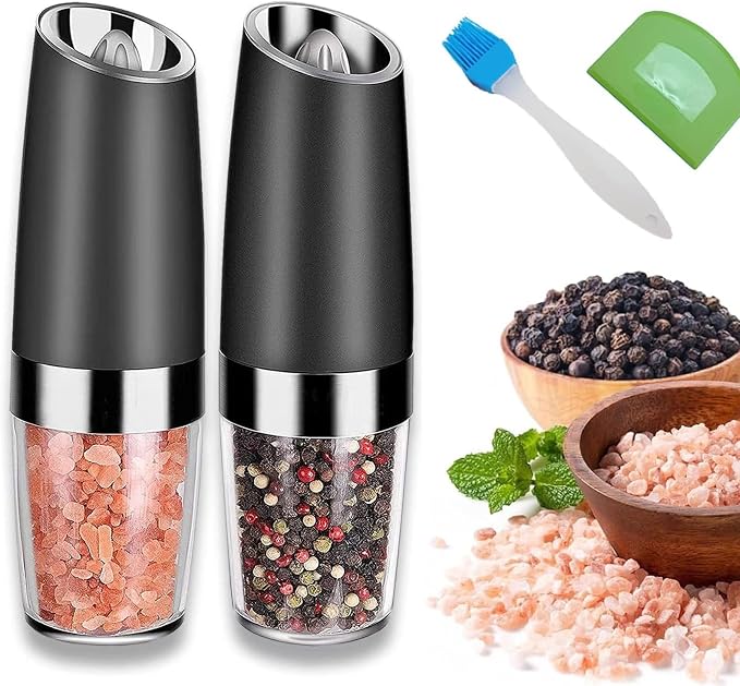 Salz Und Pfeffermühle Elektrische Set, Salz Und Pfeffer Mühle Elektrisch Gewürzmühle, Schwerkraft Aktiviert, Einstellbarer Mahlgrad, Mit Blauem Led-licht, Schwarz, 2 Stück