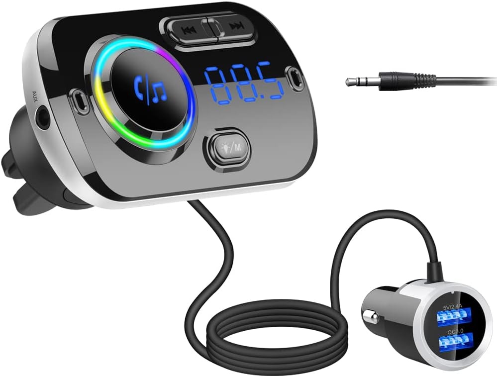 Bluetooth-fm-transmitter Für Autoradio, Bluetooth 5.0-adapter Für Autoradio-empfänger Mit 7-farben-zigarettenanzünder-ladegerät, Qc3.0/2.4a, Siri Google Assistant, Freisprecheinrichtung Mp3-player