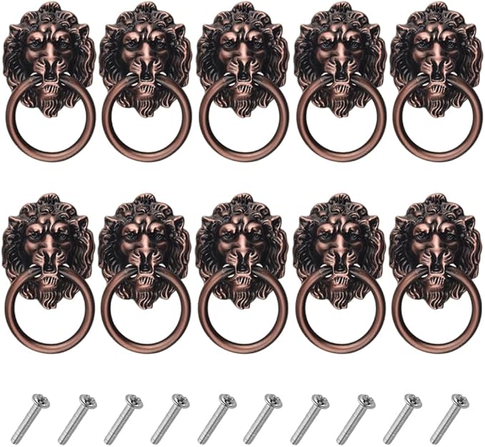 10 Pcs Löwenkopf Schublade Zieht 2,68 "x 1,56" Antike Bronze Schrankknöpfe Tür Ring Zieht Griffe Für Schublade Schubladen Schrank (red Bronze)