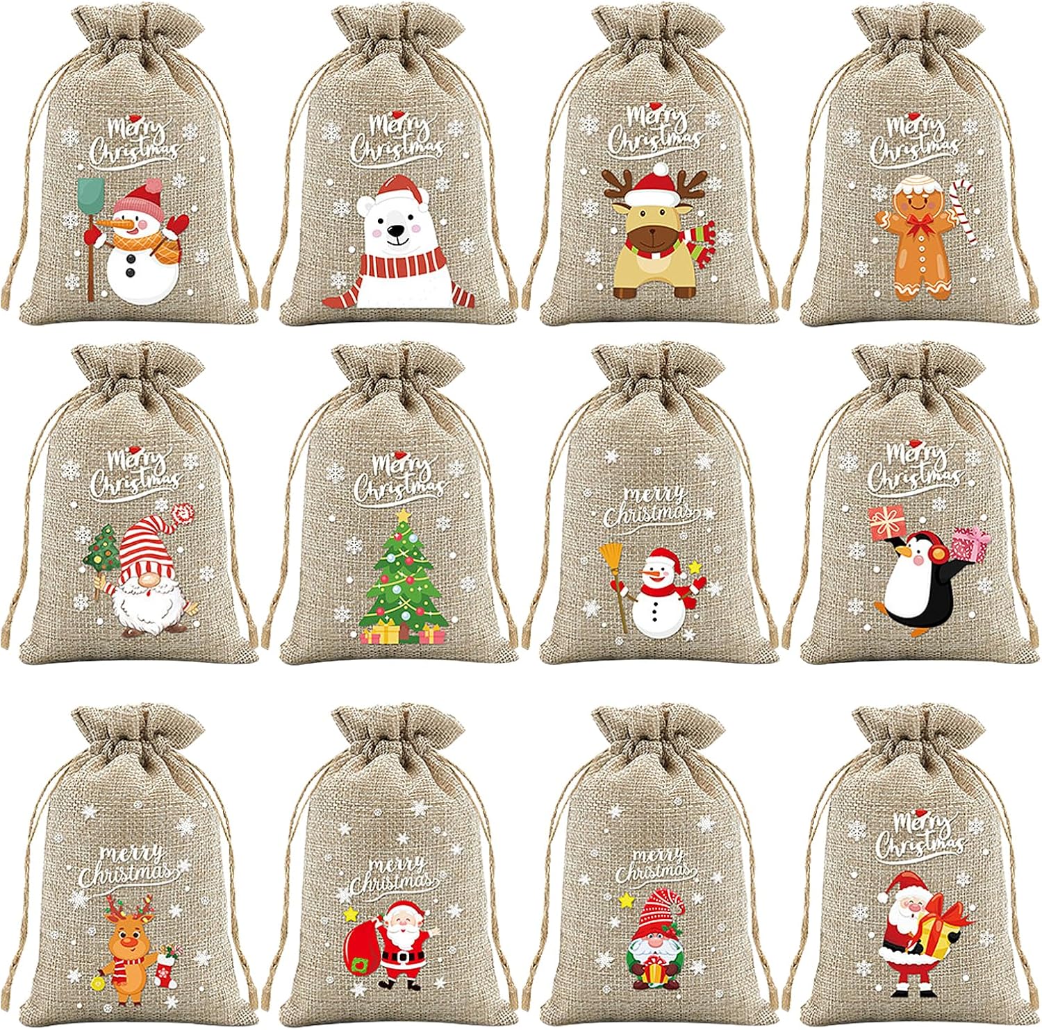 12 Stück Weihnachtsgeschenkbeutel, Weihnachts-süßigkeitsbeutel, 10 X 15 Cm Leinen-weihnachts-kordelzugbeutel, Buntes Weihnachts-cartoon-muster, Zum Verpacken Von Süßigkeiten Und Snacks (grau)