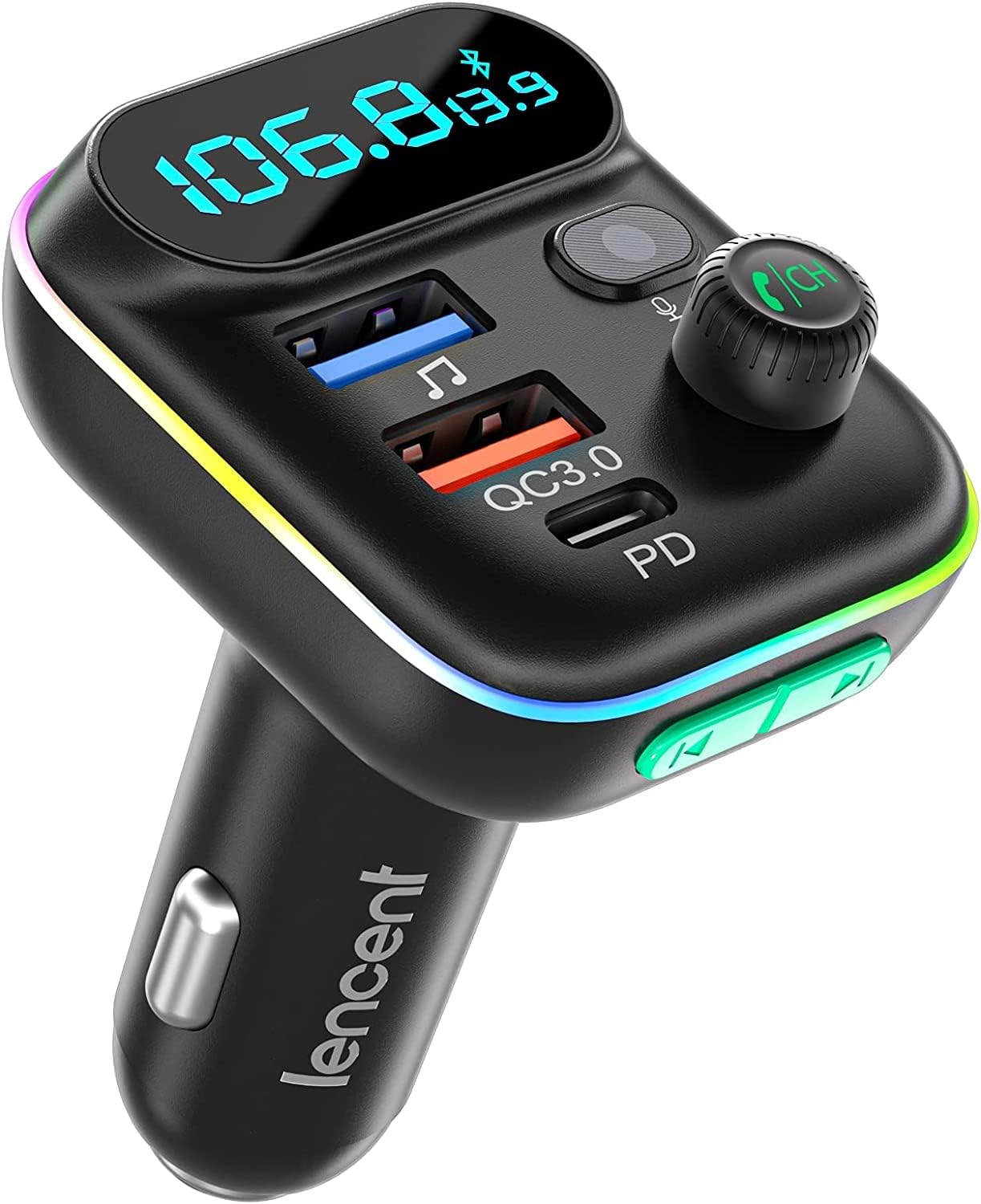 Auto-bluetooth-fm-transmitter, Zigarettenanzünder-bluetooth-5.0-radiosender, Pd-typ-c+-qc3.0-auto-schnellladegerät, Freisprechen, Bass-mp3-musikplayer, Unterstützt U-disk