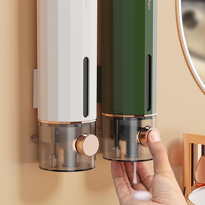 Seifenspender Wandbefestigung, 2 Stück 450ml Seifenspender Wand Ohne Bohren, Seifenspender Manueller Spender, Soap Dispenser, Desinfektionsspender Für Duschgel, Shampoo, Handseifen(weiß&grün)