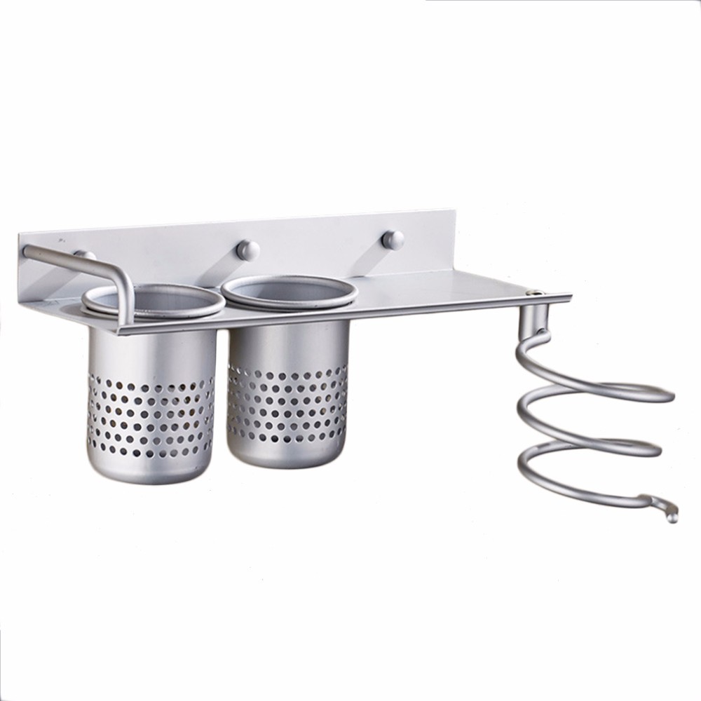 Haartrocknerhalter, Wandmontierter Haartrocknerhalter, Haartrockner- Und Glätteisenhalter Mit 2 Abnehmbaren Aufbewahrungsbechern Für Haarbürsten, Glätteisen, Glätteisen, Lockenstab, Silber