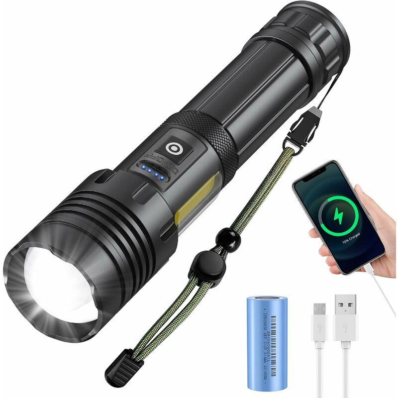 Superstarke Wiederaufladbare Led-taschenlampe, 2000 Lumen, Mit Batterie (im Lieferumfang Enthalten), Wasserdichte Zoom-taktikleuchte, Camping, Reisen, Temporäre Beleuchtung