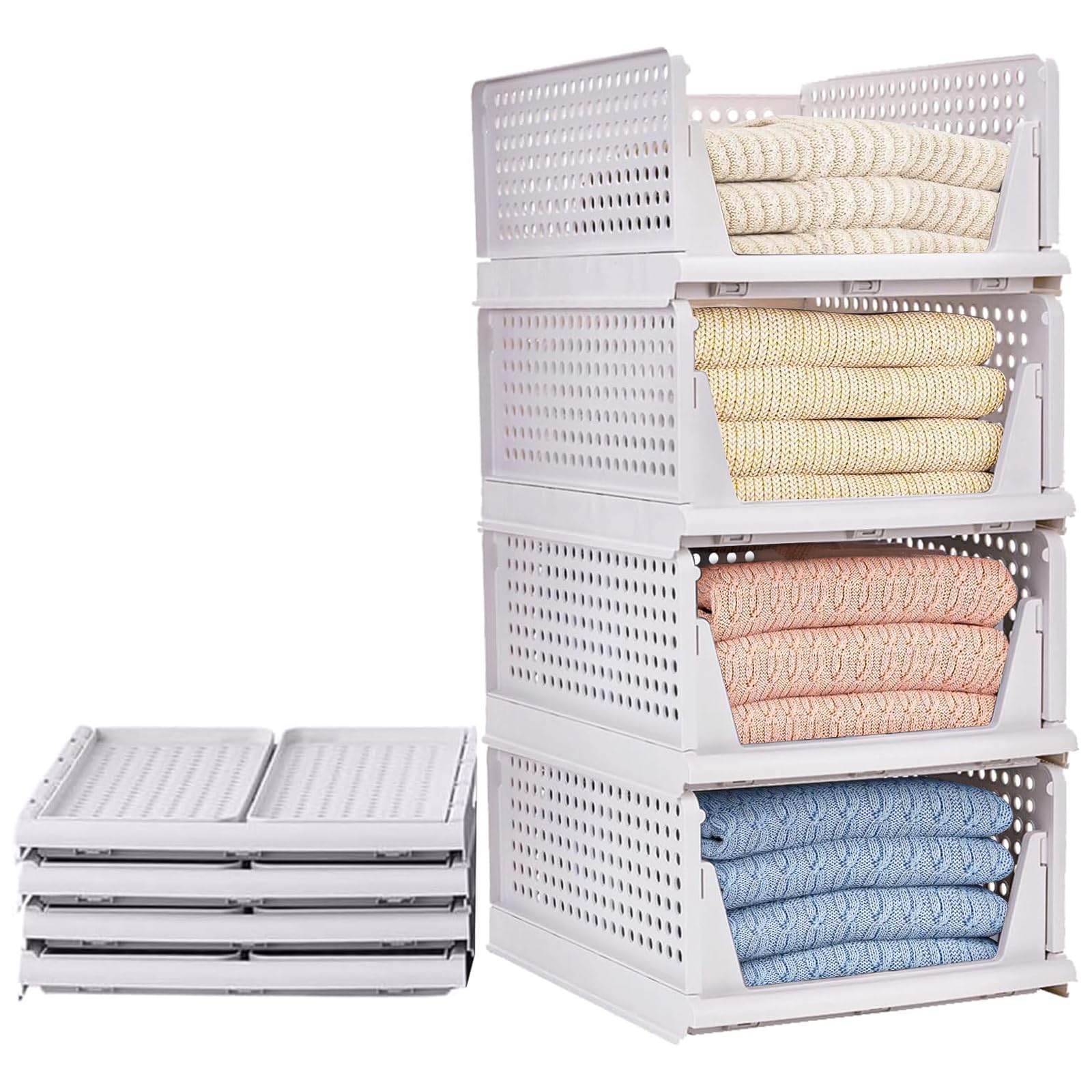 Set Mit 4 Kleiderschrank-organizer-boxen, Faltbarer Schubladen-organizer Und Kleider-garderobe-aufbewahrung, Kunststoff-bürodokumente Für Kleidung, Steppdecken Und Spielzeug – Weiß