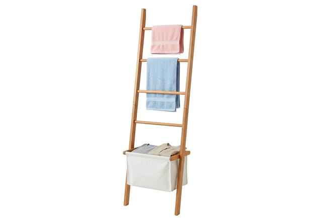 Relaxdays Handtuchleiter, 4 Sprossen, Wäschekorb, Hxb: 170 X 50 Cm, Walnussholz, Badezimmer, Wäscheleiter, Natur/beige