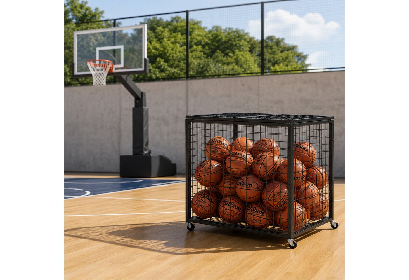 Relaxdays Ballwagen, 4 Rollen, Bremsen, Hbt: 81,5 X 85 X 66 Cm, Abschließbar, Ballkäfig Für Fußball, Basketball, Schwarz