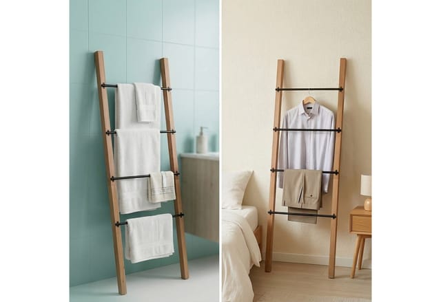 Relaxdays Handtuchleiter, 4 Sprossen, Hxb: 160 X 55,5 Cm, Kiefernholz & Metall, Badezimmer, Wäscheleiter, Natur/schwarz