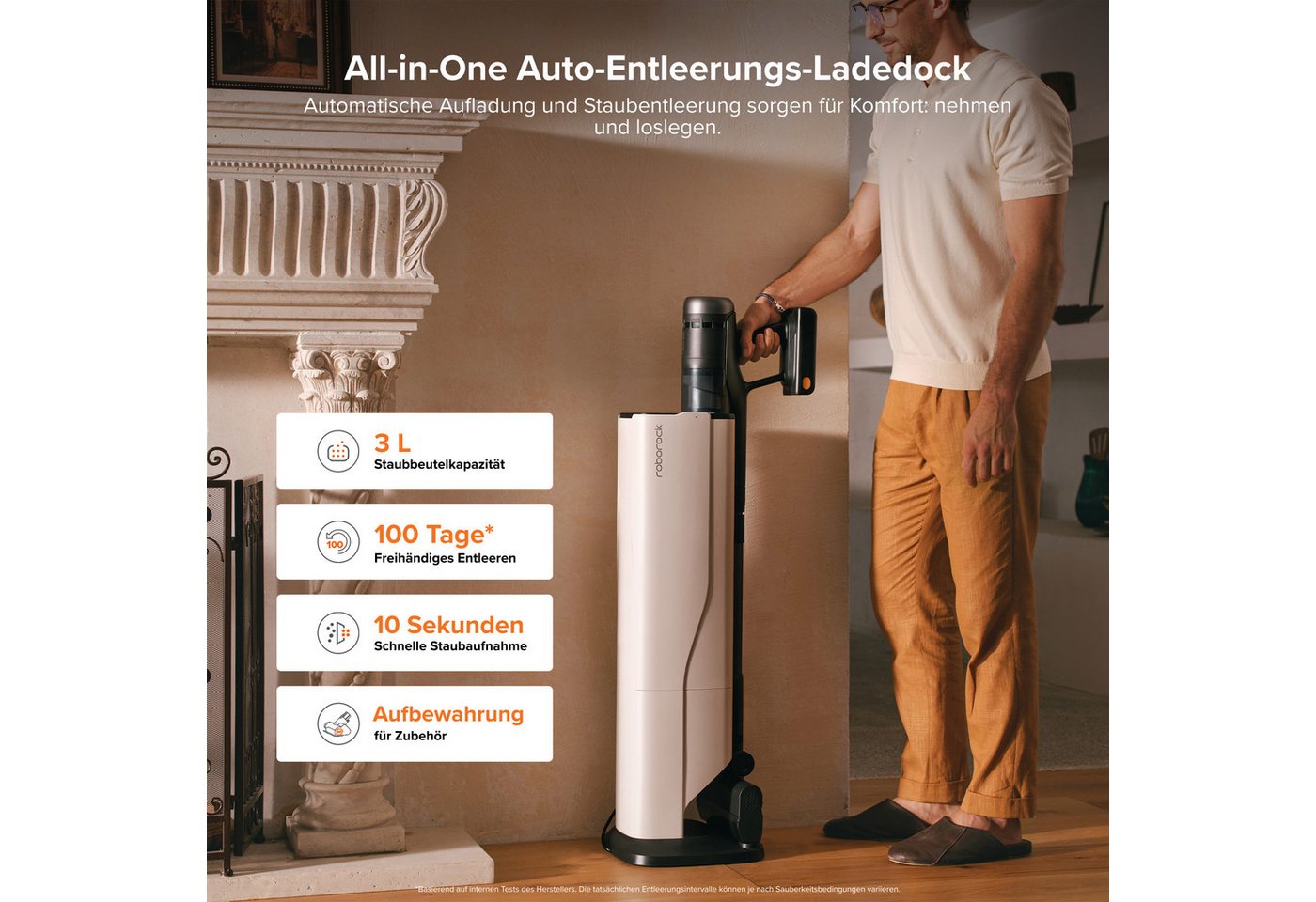 Roborock H60 Hub Ultra - Akku-staubsauger Kabellos Mit Selbstentleerungsstation - 210 Aw Saugleistung - Verheddungsfreie Bürste - 90 Min Akkulaufzeit - 9-zyklonen-technologie