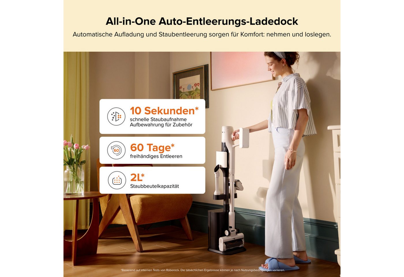 Roborock H60 Hub Akku-staubsauger Mit Absaugstation – 115 Aw Saugleistung, Anti-verheddern-bürste, Bis Zu 60 Min. Laufzeit Bild 2