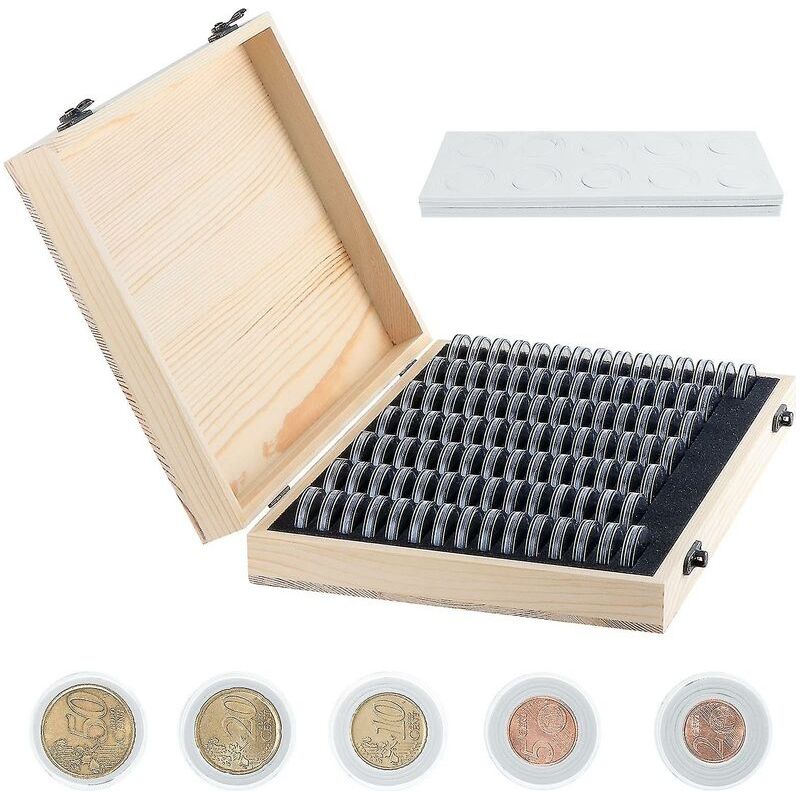 – Münzaufbewahrungsbox Aus Holz – Fassungsvermögen: 100 Kapseln – Schutz Vor Feuchtigkeit Und Staub – Abmessungen: 285 X 195 X 45 Mm