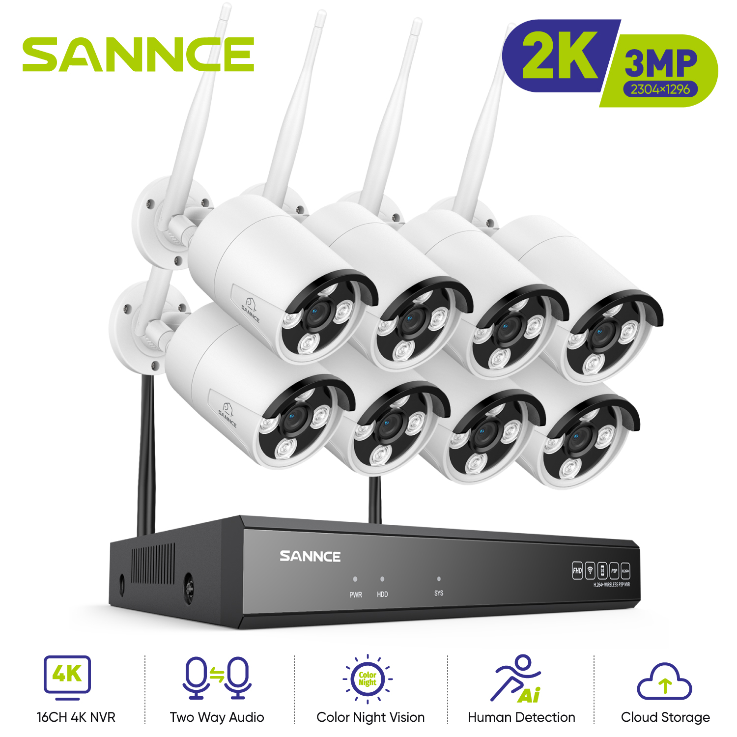 Sannce 8-mp-wlan-überwachungssystem Mit 8 X 3-mp-wlan-kameras, Zwei-wege-audio, Alexa-kompatibilität, Personenerkennung, Ip66, Ohne Festplatte.