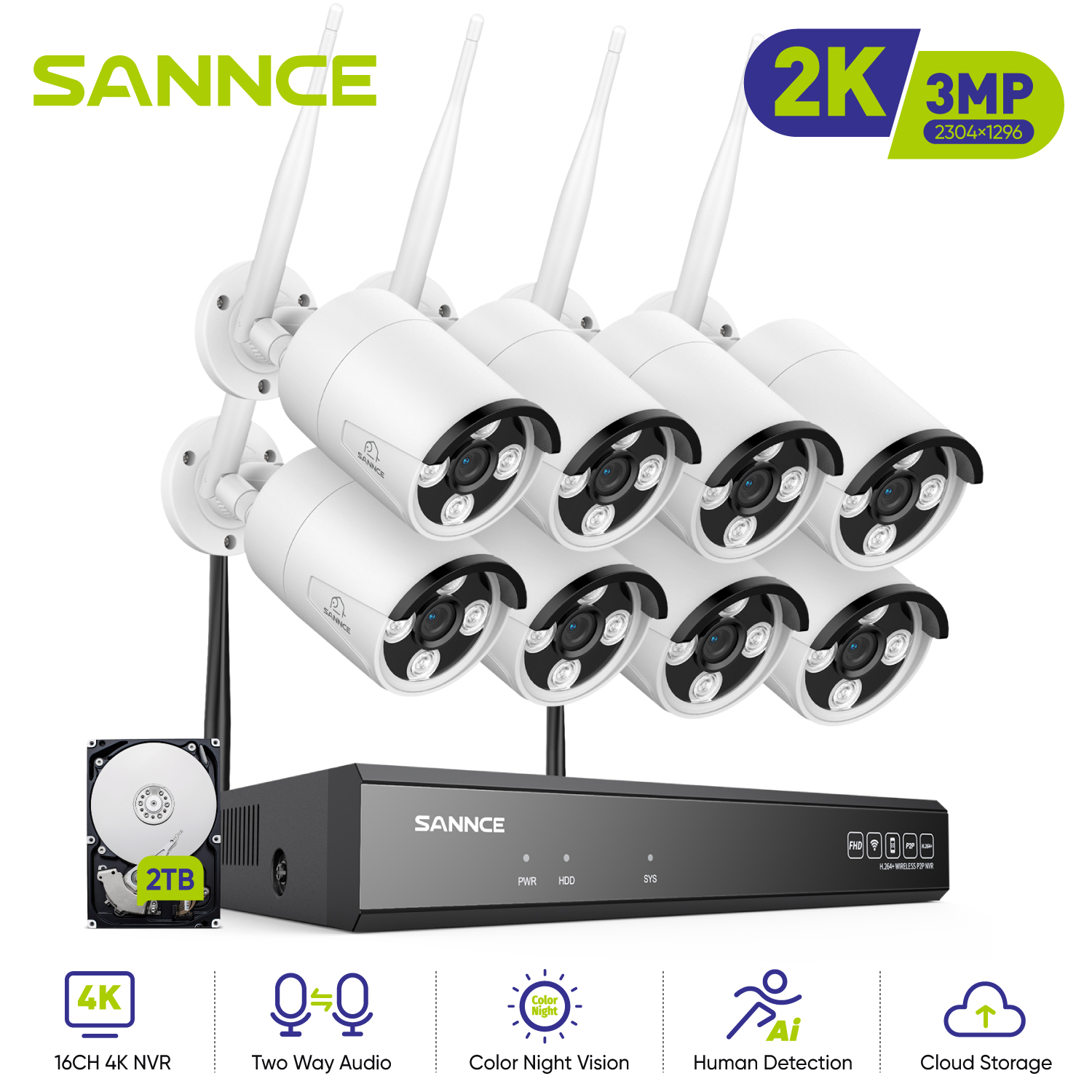 Sannce 8-kanal-wlan-überwachungssystem Mit 8 X 3-mp-wlan-außenkameras, Netzwerk-videorekorder (nvr) Mit Wlan-zugang, 8-mp-auflösung, 2-tb-festplatte Und Alexa-kompatibilität.