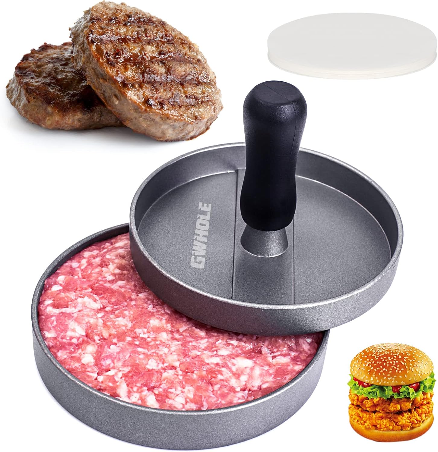 Burgerpresse Aus Aluminium, Ø 11,5 Cm, Mit 100 Antihaftbeschichteten Platten – Hackfleischform Für Selbstgemachte Hamburger, Grillen Und Kochen